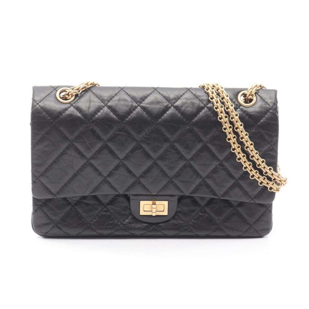 Chanel 2.55 Matelassé Double Flap Shoulder Bag Handbag Leather Women's Black ...